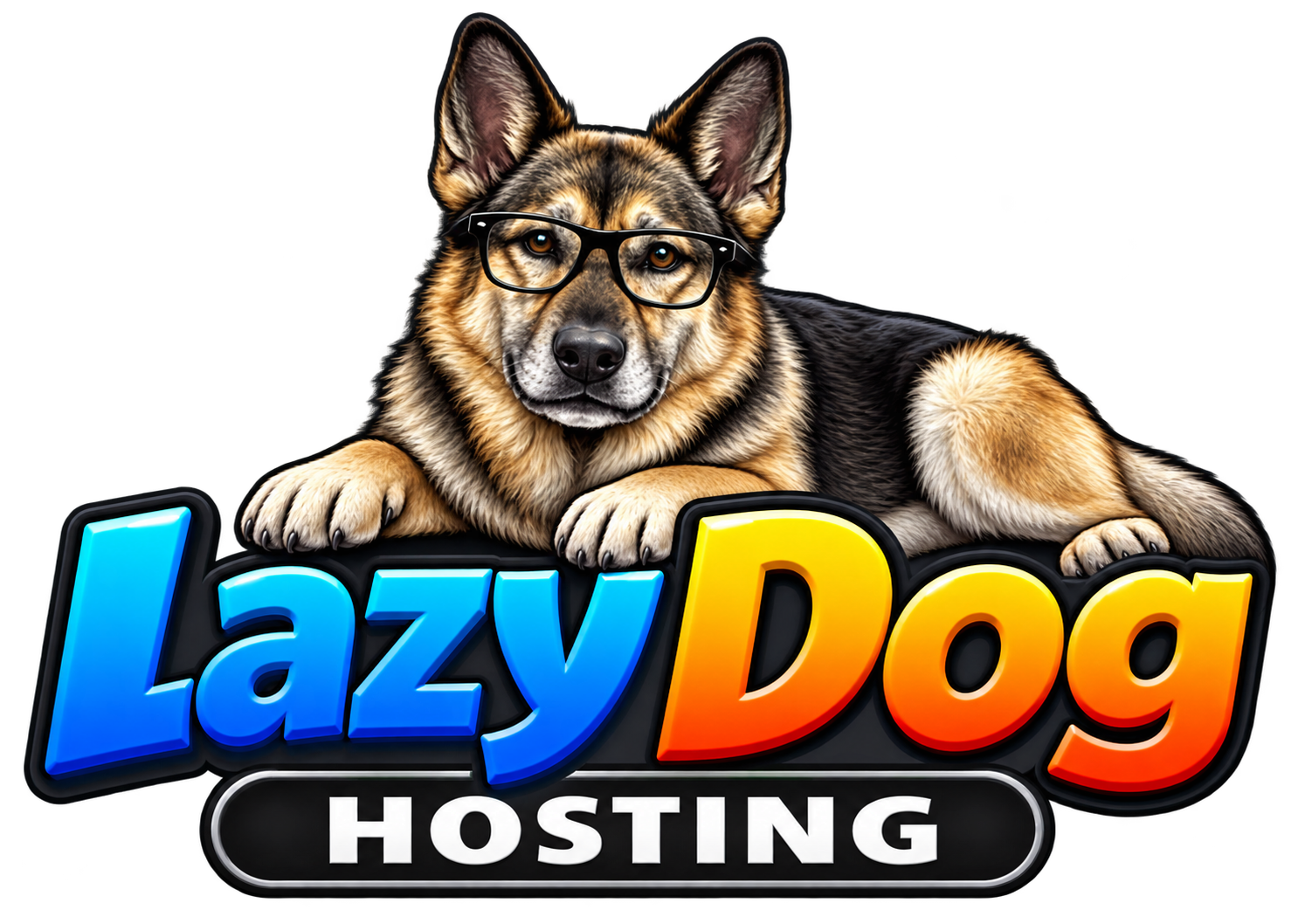 Lazy Dog Hosting — lounging senior German Shepherd with glasses